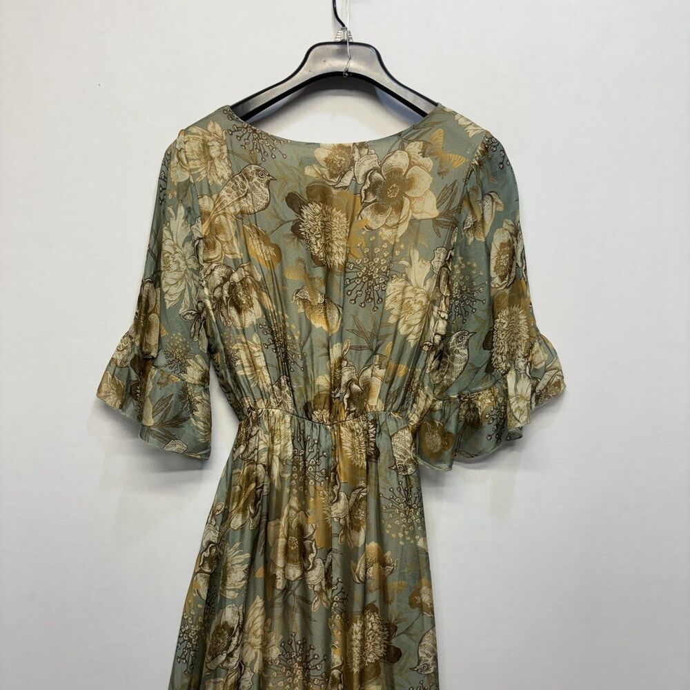 Women's Green Floral Midi Dress with Ruffle Sleeves - Picture 13 of 16